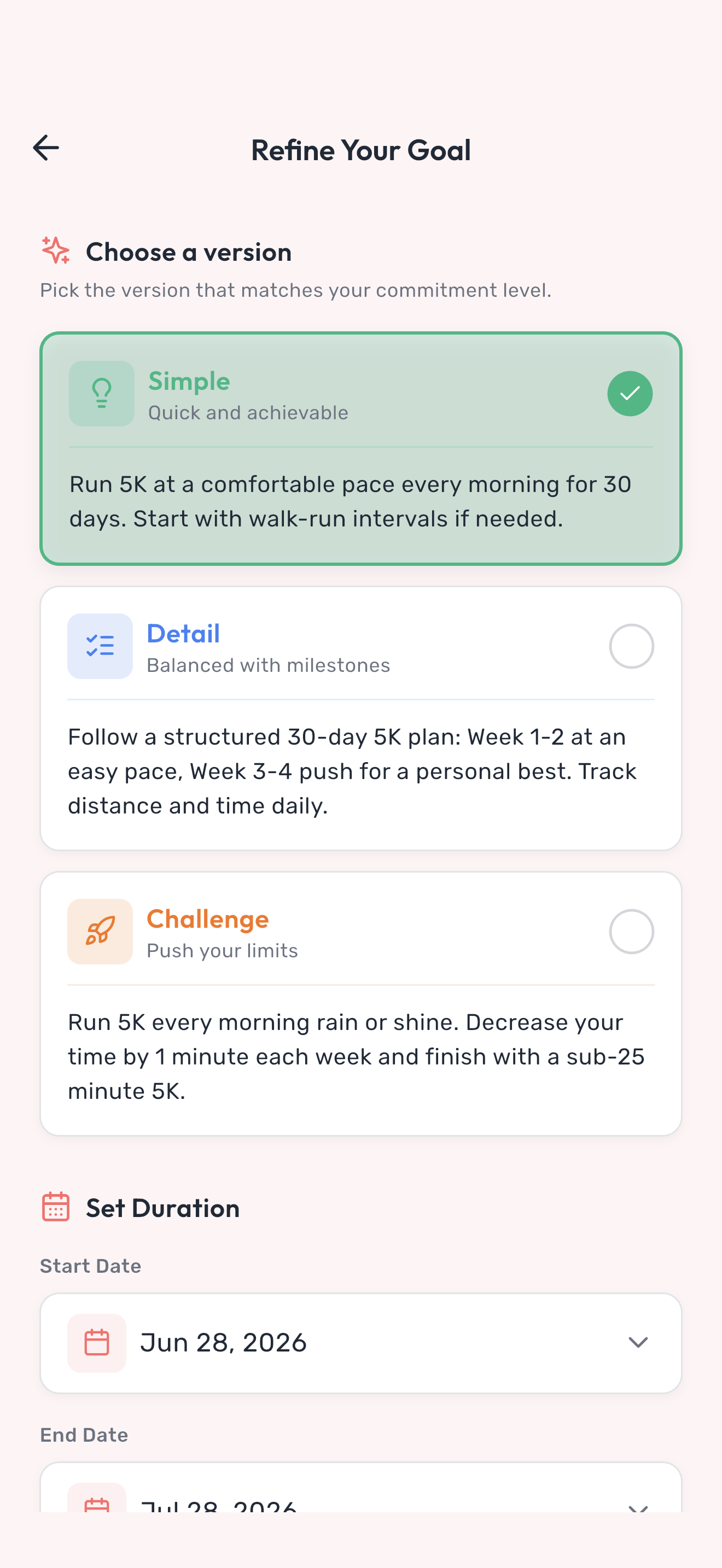 AI goal refinement screen