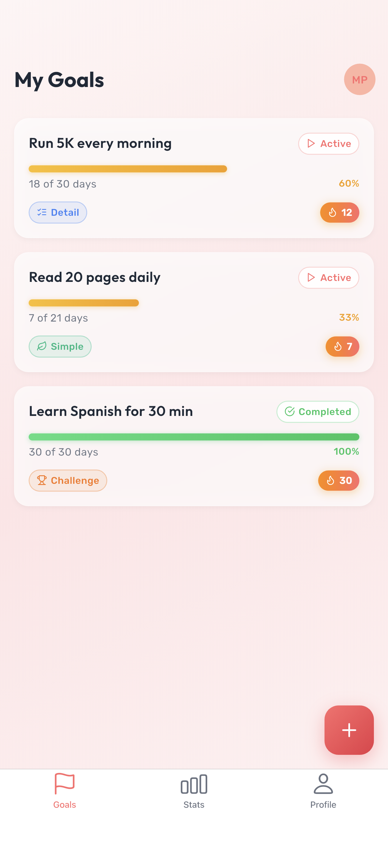 Share My Goal goal list screen